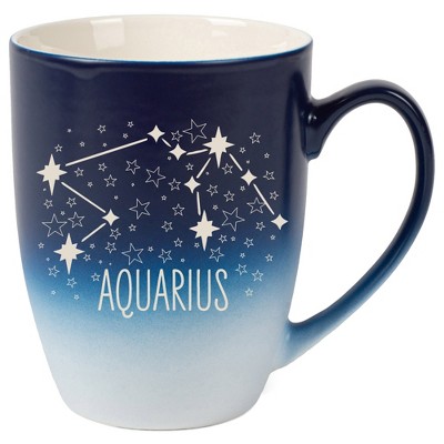 100 North Zodiac Design 10 Ounce Navy Blue and White Two Toned Ombre, Comfortably Fits Your Hands, Ceramic Tea Coffee Cup Mug, Aquarius