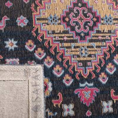 Navy and Pink Floral Motif Cotton Area Rug, 4' x 6'