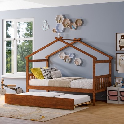 Full/Twin Size Wooden House Bed with Twin Size Trundle 4L - ModernLuxe