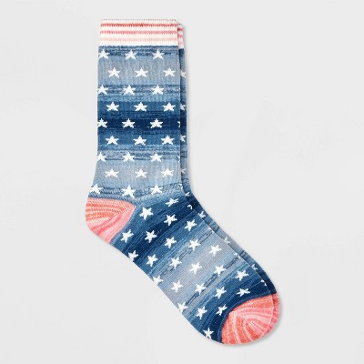 Women's Stars Crew Socks - Blue/Red 4-10: Recycled Polyester Blend, Lightweight Knit, Banded Cuff, Machine Washable