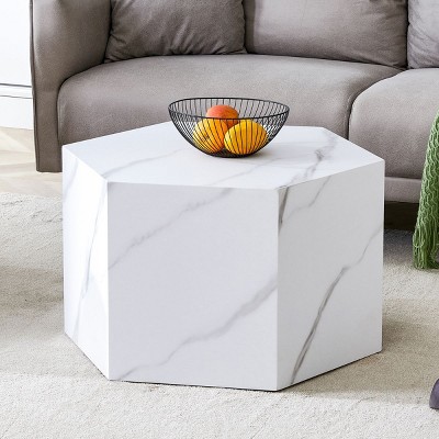 Hexagon Square Coffee Table Unique Imitation Marble Pattern/Wood Look Coffee Table,Modular Cube Coffee Tables For Living Room-Cuddlewood