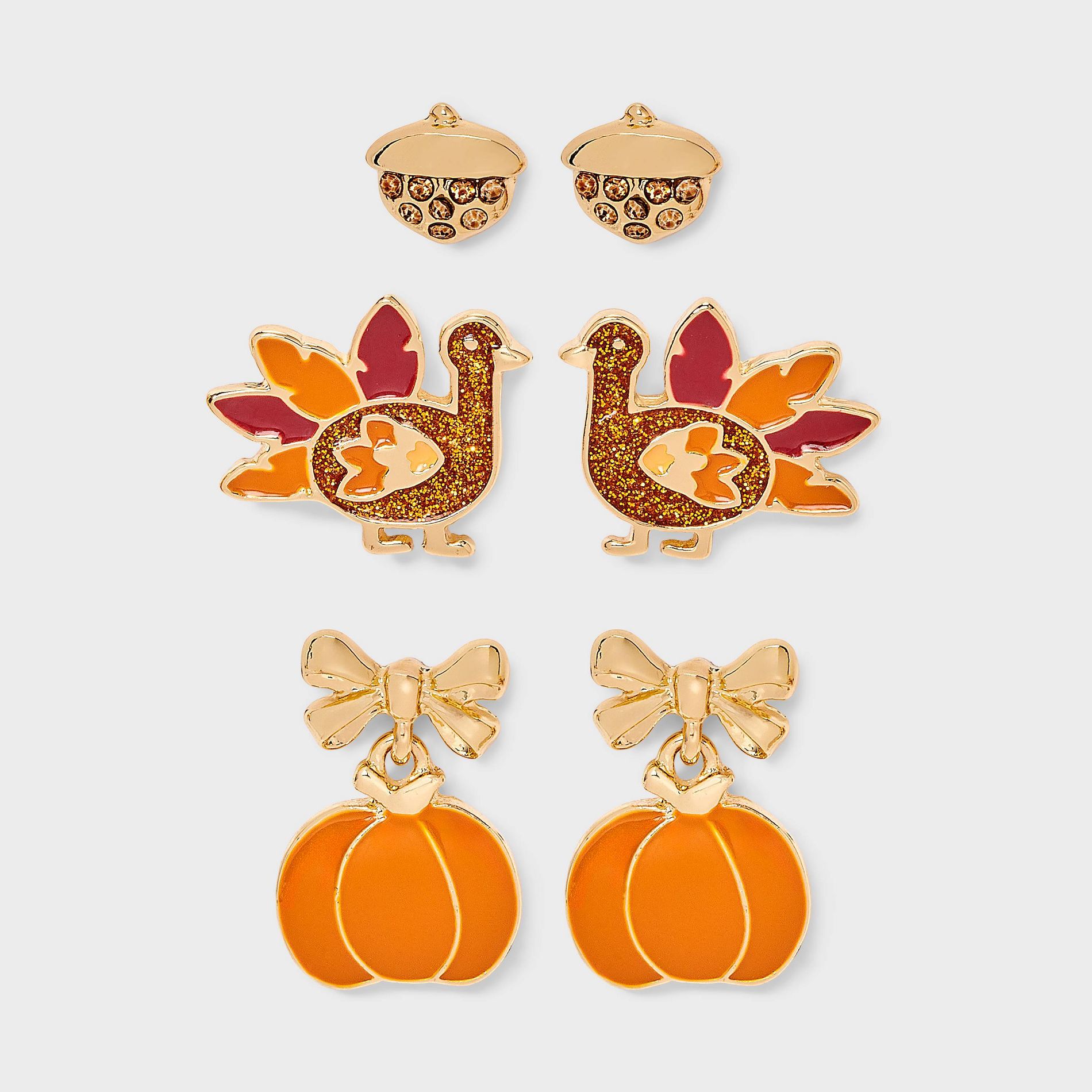 Thanksgiving Turkey Pumpkin and Acorn Stud Earring Set 3pc - Orange/Gold/Brown