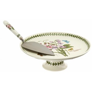 Portmeirion Botanic Garden 10" Footed Cake Plate with Server | Sweet Pea Motif | Fine Porcelain and Steel | Dishwasher, Microwave & Oven Safe - 1 of 4