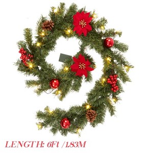 Christmas Garland for Mantle, 6Ft Battery Operated Prelit Garland Christmas Decorations, Poinsettias Flowers & Ball Ornaments - 1 of 4