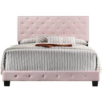 Suffolk Pink Velvet Upholstered Queen Panel Bed with Nailhead Trim