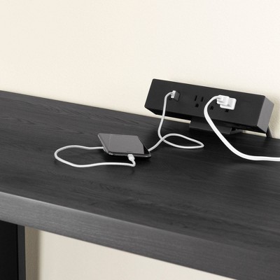 Gray Oak L-Shaped Computer Desk with Power Outlet and Filing Cabinet