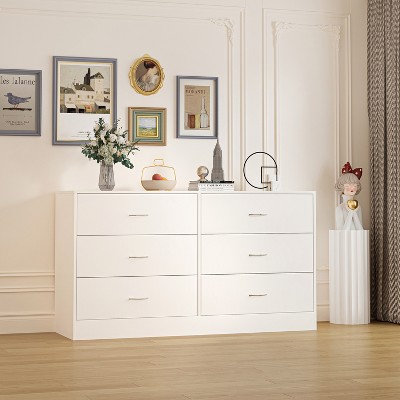 SUGIFT 6 Drawer Dresser White Wood Chest of Drawers for Bedroom, Modern Storage Organizer 53.5 x 15.8 x 30 Inches