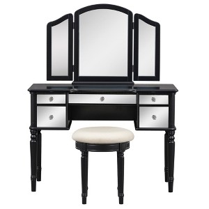 Gulches 43" Black Vanity Tables Set with Mirrored Drawers and Tri-Fold Mirror - 1 of 4