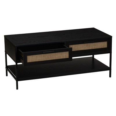 Black Oak Rectangular Coffee Table with Rattan Drawers and Metal Accents