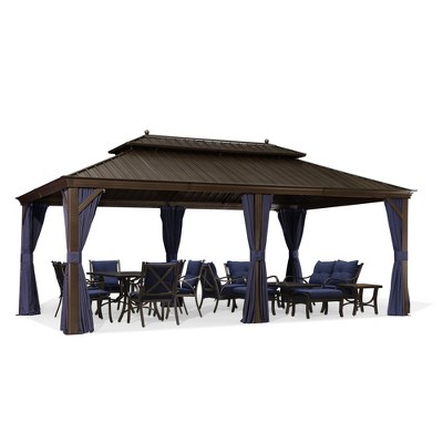 PURPLE LEAF Hardtop Gazebo Canopy with Netting and Curtains for Outdoor Deck Backyard Heavy Duty Metal Patio Permanent Pavilion