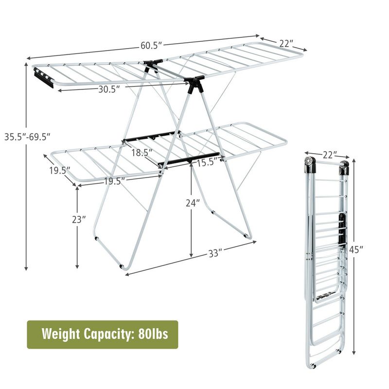 Costway 2-Level Clothes Drying Rack Foldable Airer w/ Height-Adjustable Gullwing, 4 of 11