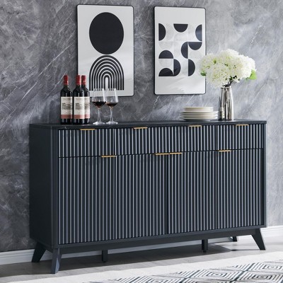 SinCiDo 60" Fluted Modern Buffet Sideboard Cabinet, 3 Drawers & 4 Doors, Coffee Bar Wine Bar Storage Cabinet for Dining Room, Living Room