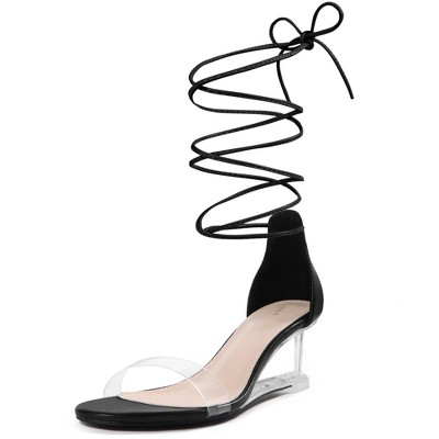 BLISSFUL STEP Women's Clear Wedge Open Toe Lace Up Wedge Sandals
