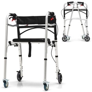 Gymax 2-Button Folding Walker Height Adjustable Walking Aid w/Seat 4 Wheels Brakes Reversible Seat  for Seniors Disabled FDA Certified - 1 of 4