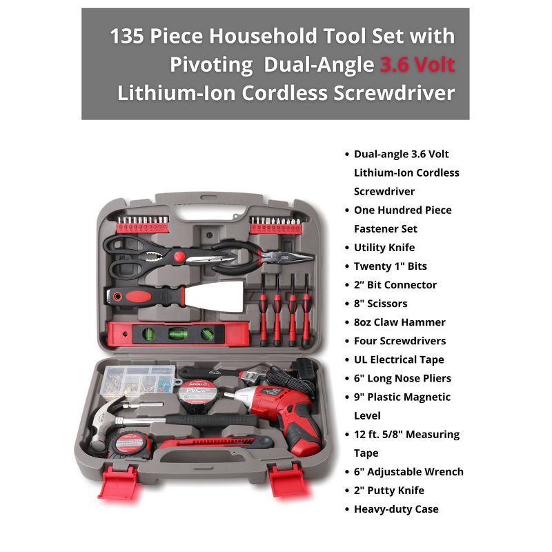 Apollo Tools 135pc Household Tool Kit DT0773 Red, 6 of 9