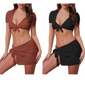 INSPIRE CHIC Women's Tie Knot Halter Ribbed Short Sleeve Cover Up Set Triangle Bottom Swimwear Bathing Bikini Suits 2 Sets - 1 of 4