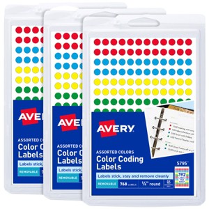 Avery Color-Coding Removable Labels, 1/4 Inch Round Labels, Assorted Colors, Non-Printable, 3 Packs, 2,304 Dot Stickers Total (5641) - 1 of 4