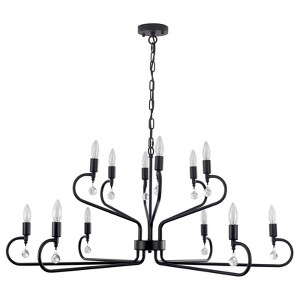 PAKOKULA 12-Light Large Black Two Tier Linear Hanging Island Rustic Candlestick Chandelier with Crystal Pendant - 1 of 4