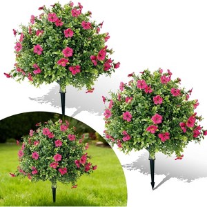 2Pcs 2FT Artificial Boxwood Topiary Ball Trees with Purple Flowers,  UV Resistant Fake Shrubs with Ground Spikes, Fake Plants for Garden Patio Decor - 1 of 4