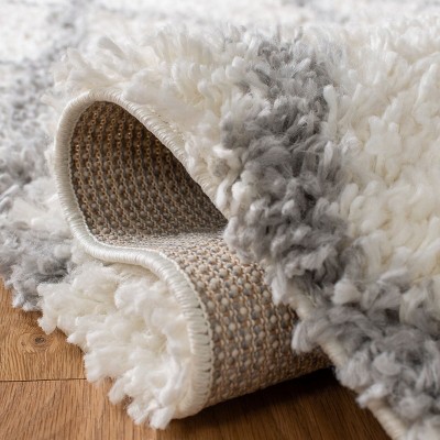 Ivory and Light Grey Diamond Pattern Synthetic Shag Runner Rug