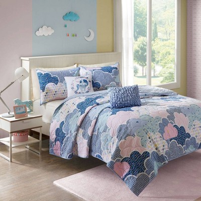 Blue Twin Cotton Reversible Fantasy Coverlet Set with Throw Pillows