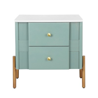 Lirago Green Modern Nightstand with 2 Drawers Fluted Bedside Table with Gold Legs Handles Multi-Functional End Table 21.6"H x 15.75"D x 21.6"W