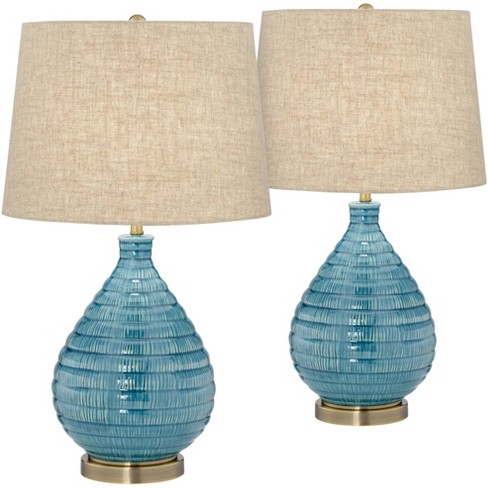 Blue Glaze Linen Fabric Drum Shade, Blue Table Lamps For Bedroom