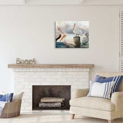 Pelicans Perched Cloudy Horizon 24x30 Canvas Wall Art