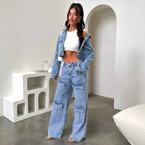 Women's Wide Leg Cargo Jeans Low Waist Flap Pocket Denim Pants Casual Baggy Streetwear - 1 of 3