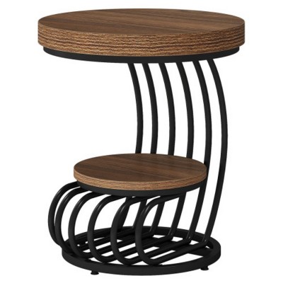 Syemin End Tables Round Vintage End Table with 2-Tier Storage Compact Bedside Table for Living Room, Small Spaces, Brown, 19.69"*19.69"*24.8"