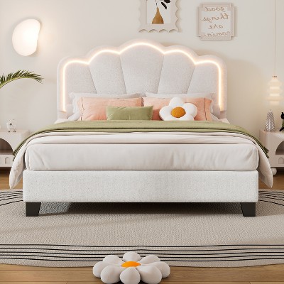 Twin/Full Size Upholstered Platform Bed with Adjustable Headboard and LED Light, White/Pink-ModernLuxe