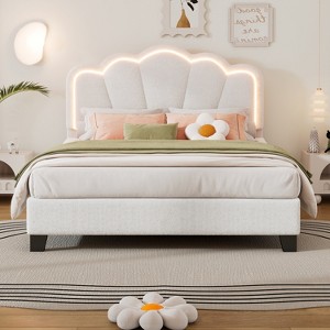 Twin/Full Size Upholstered Platform Bed with Adjustable Headboard and LED Light, White/Pink-ModernLuxe - 1 of 4