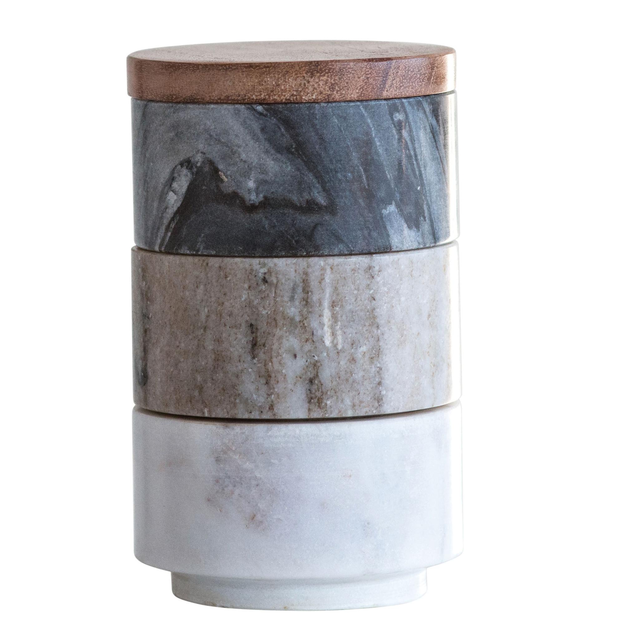 Storied Home Marble Stacking Pinch Pots with Acacia Wood Lid (Set of 3 Pieces)