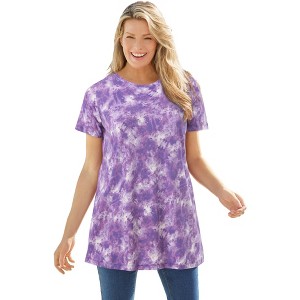 Woman Within Plus Size Perfect Printed Short-Sleeve V-Neck Tunic - 1 of 4
