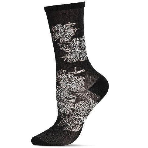 Natori Women's Gala Floral Embroidered Crew Socks Black 9-11 - image 1 of 4