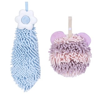 REGALWOVEN Soft Absorbent Cute Fuzzy Hanging Decorative Bathroom Chenille Hand Towel 6" x 15"/7" x 7" 2 Packs - 1 of 4