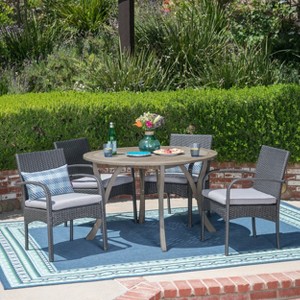 Christopher Knight Home Chilton Outdoor Acacia Wood and Wicker 5 Piece Dining Set with Cushion, Gray - 1 of 4