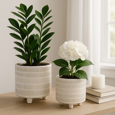 Sagebrook Home 2-Piece Set of Ceramic Planters Stylish Footed Plant Stand Set for Indoor or Outdoor