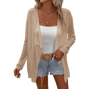 Womens Lightweight Crochet Cardigan Sweater Rib Knit Open Front Sweater Coats - 1 of 2