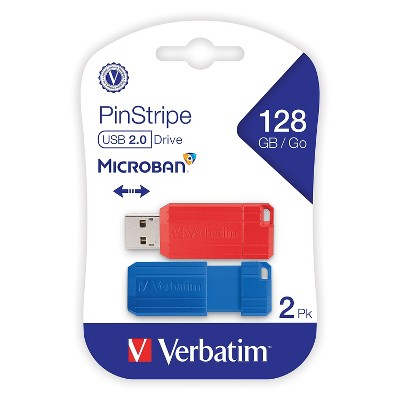 Verbatim PinStripe 128GB USB 2.0 Type-A Flash Drive Red and Blue 2/Pack (70391)