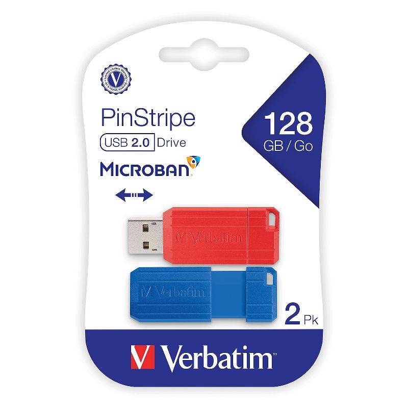 Verbatim PinStripe 128GB USB 2.0 Type-A Flash Drive Red and Blue 2/Pack (70391), 1 of 9