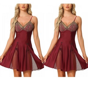 INSPIRE CHIC Women's 2 Pcs Lingerie Babydoll Satin Mini Chemise with Mesh Inset Sweet Nightgown - 1 of 4