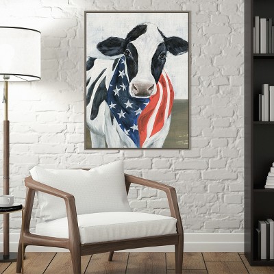 Patriotic Cow with American Flag Canvas Framed Wall Art