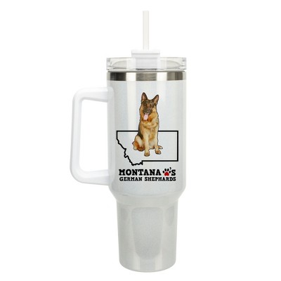 Elanze Designs The Treasure State Montana Loves German Shepherds White Double Wall Stainless Steel Insulated Travel Tumbler with Lid and Straw, 40