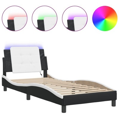 vidaXL Twin XL Bed Frame with LED Light - Faux Leather, Black/White, Plywood Slats, Waved Modern Design