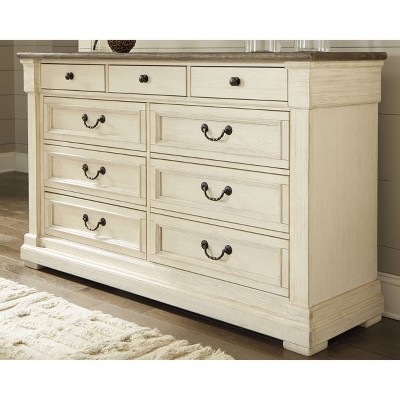 Antique White and Brown 64" Farmhouse Dresser with Mirror