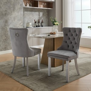 Gulches Light Gray Tufted Dining Chairs Set of 2, High-End Velvet Upholstered Chairs with Nailhead Trim, Solid Wood Legs & Adjustable Pegs - 1 of 4