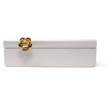 Classic Touch Rectangular White Wood Decorative Box with Gold Flower Detail