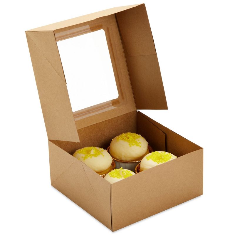 Juvale 24 Pack Cupcake Containers with Windows, 6x6 Boxes with 4 Count Inserts for Muffins (Kraft Paper), 3 of 10