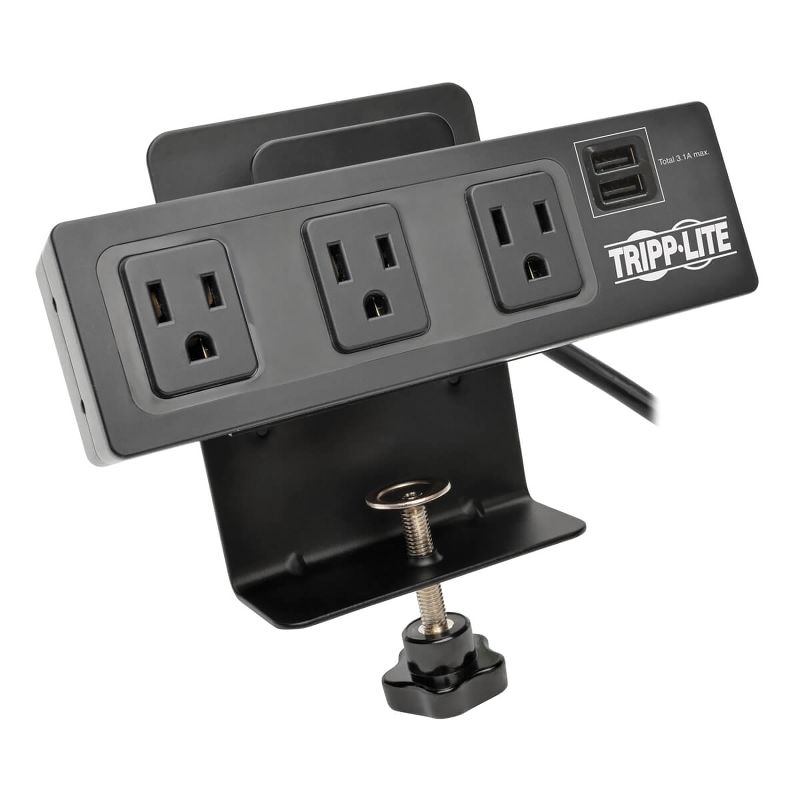 Tripp Lite Protect It!® 3-Outlet Surge Protector with 2 USB Ports and Desk Clamp, 1 of 10